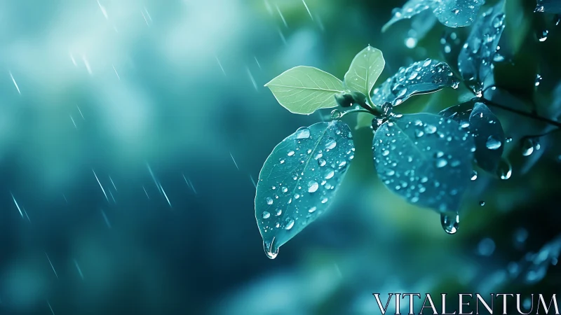 Rain-soaked green leaves with glistening water droplets.
