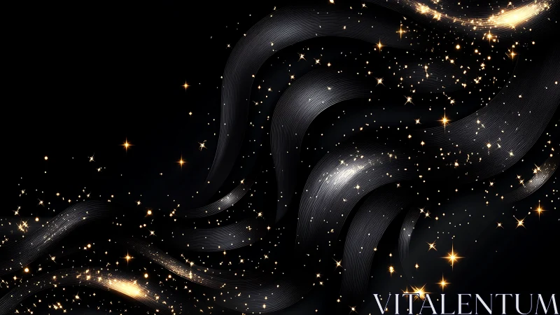 Curved metallic ribbons intersect with dispersed golden particles