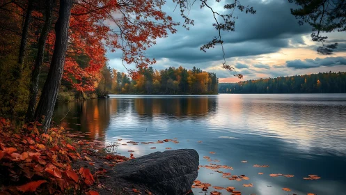 Autumn lakeshore panorama with high dynamic range sky reflections