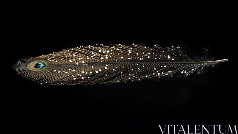 Macro peacock feather study with water droplet micro-highlights.