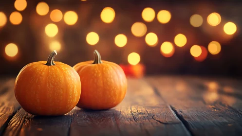Twin pumpkins on rustic table under warm bokeh lights.