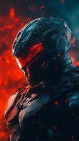 Armored figure stands in red-illuminated, high-contrast scene