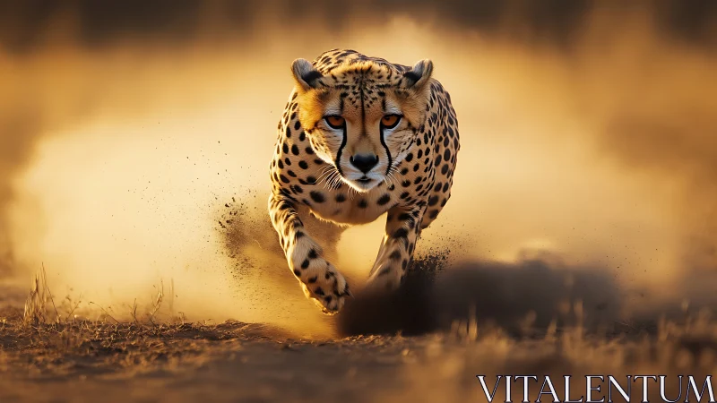 Dust-splitting cheetah sprinting through molten sunlight.