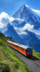 Scarlet mountain train glides beneath towering alpine giant.