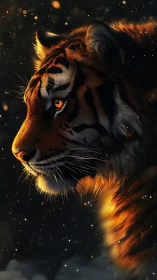 Tiger profile is rendered with directional warm rim lighting