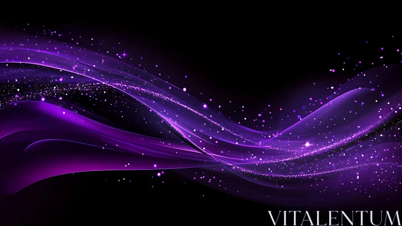 Abstract purple light waves with sparkling particles on black background.