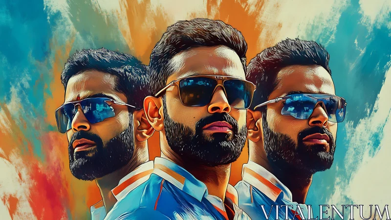 Triple portrait of confident athlete in bold color burst.