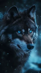 Blue-eyed wolf stands in cold moonlit snowfall portrait
