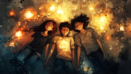 Three youths lying under scattered warm lights on ground.