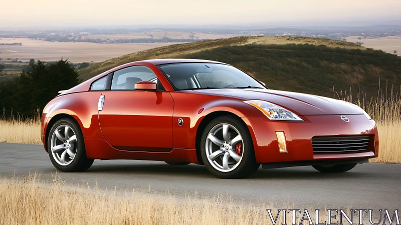 Red Nissan sports coupe gleams on a quiet country roadside