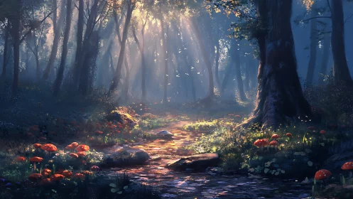 Enchanted Forest Path with Bioluminescent Mushrooms
