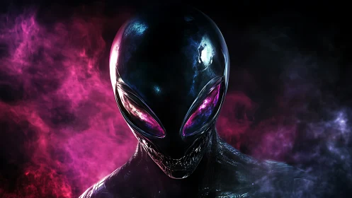 Alien creature portrait with glowing eyes in colored mist.