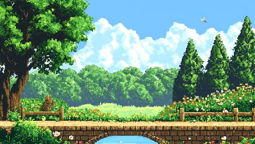 Pixel art landscape depicts rustic bridge in lush summer park