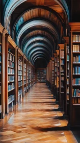 Symmetrical vaulted library aisle with warm hardwood shelving