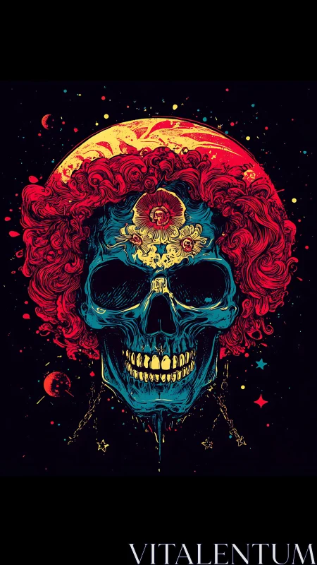 Neon celestial skull floats in cosmic void with fiery halo