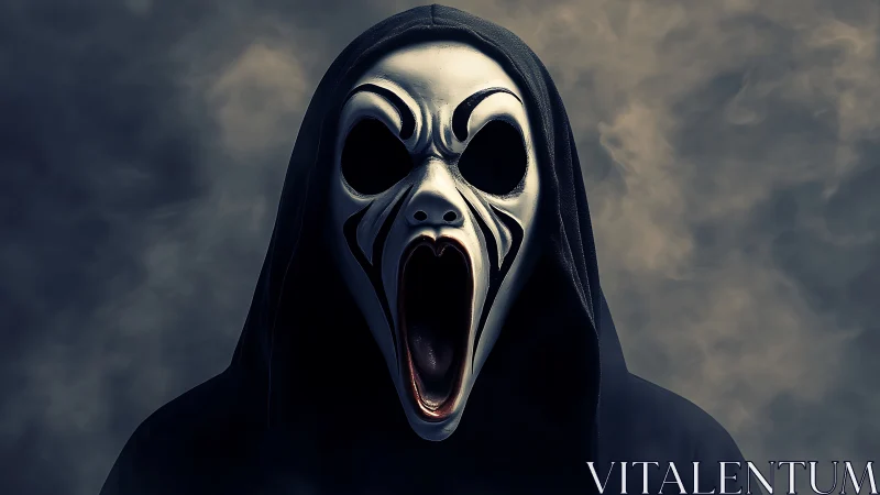 Hooded ghost mask screaming in dark swirling smoke atmosphere.