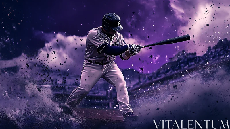 Baseball slugger swings through exploding purple storm clouds.