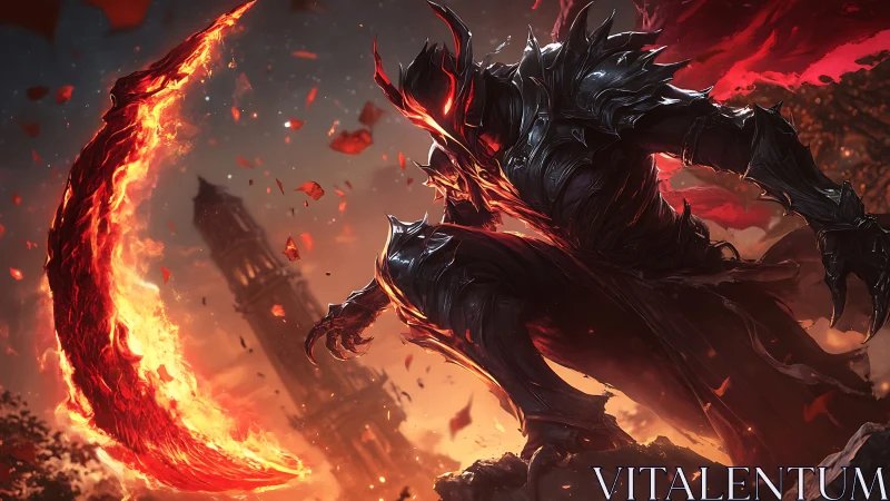 Armored fiery warrior poised against burning skyline.