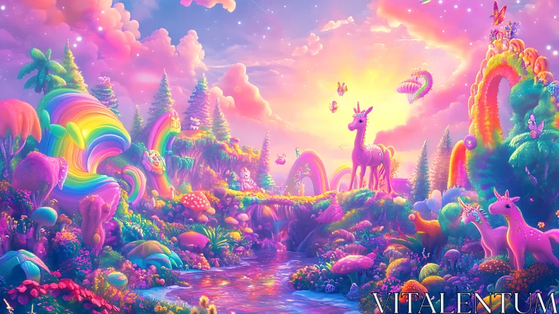 Iridescent unicorn valley with rainbow flora and glowing river