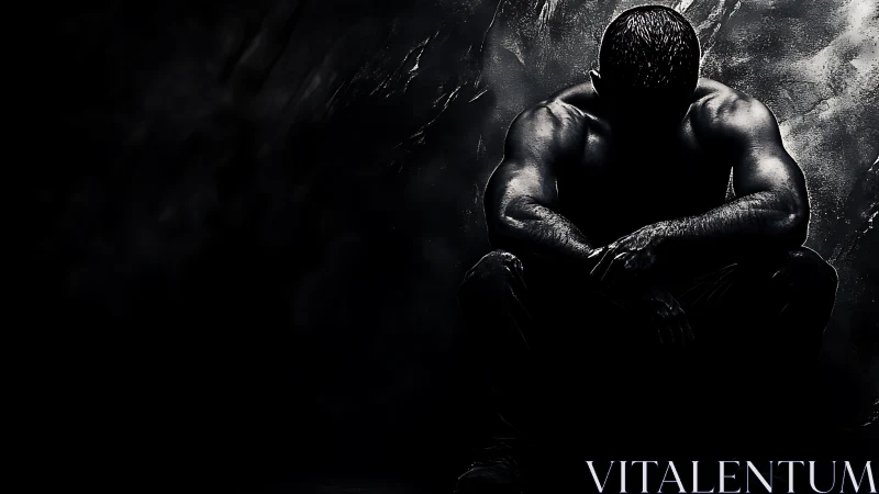 Muscular male figure sits in shadow with strong side lighting