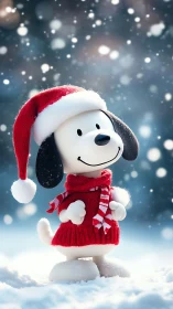 Cartoon dog in red sweater and Santa hat in snow.