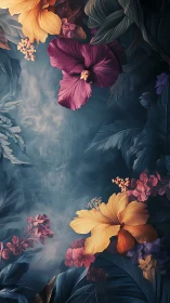 Digital Botanical Composition: Layered Floral Arrangement with Volumetric Atmosphere