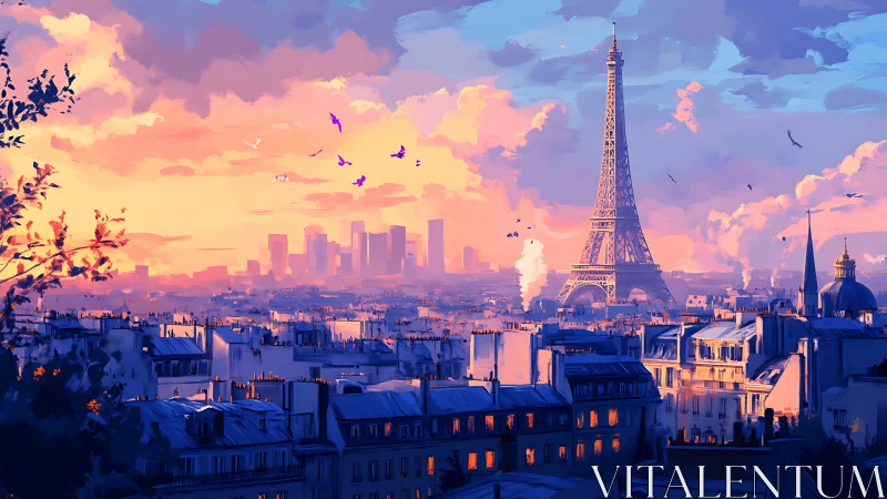 Sunset digital painting of Paris skyline with Eiffel Tower.