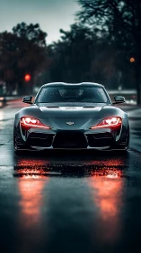 Rain-slicked street beast burning neon red into the night.