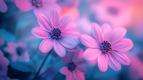 Pink daisy flowers with gradient blue backdrop display soft focus