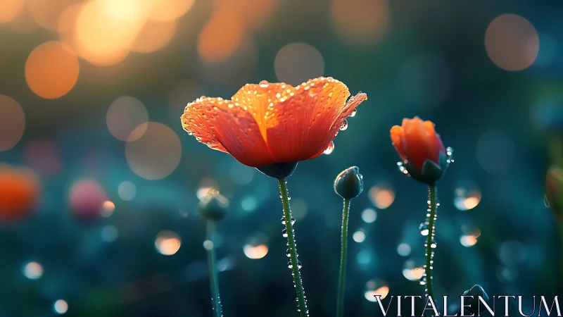 Dewlit orange poppy glows against dreamy bokeh dusk.
