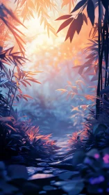 Glowing forest path curves through lush foliage at sunrise