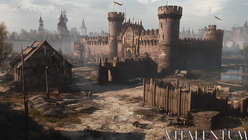 Morning hush over a weathered medieval riverside fortress.