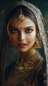 Digital painting portrait of jeweled bridal elegance in chiaroscuro.