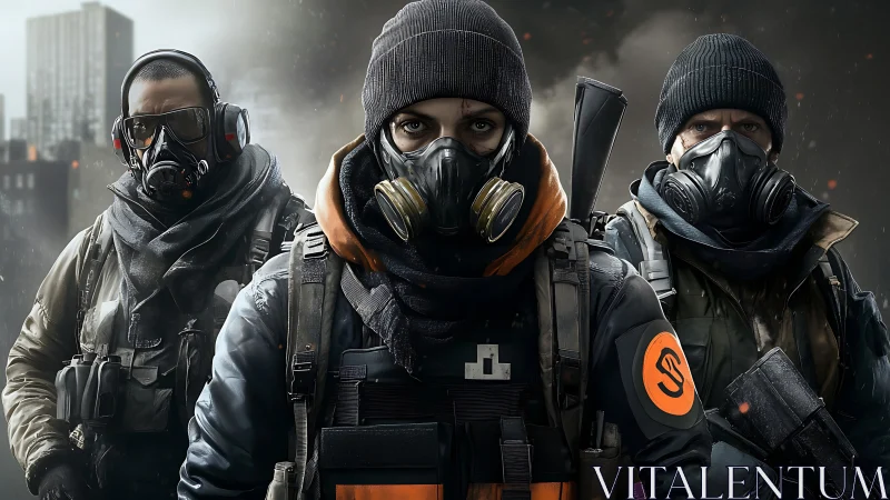 Masked urban guardians stand united in a stormy cityscape.