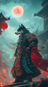 Lupine warrior in ornate lamellar armor under crimson moon