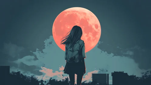 Scarlet moon crowns a lone dreamer on the city’s quiet edge