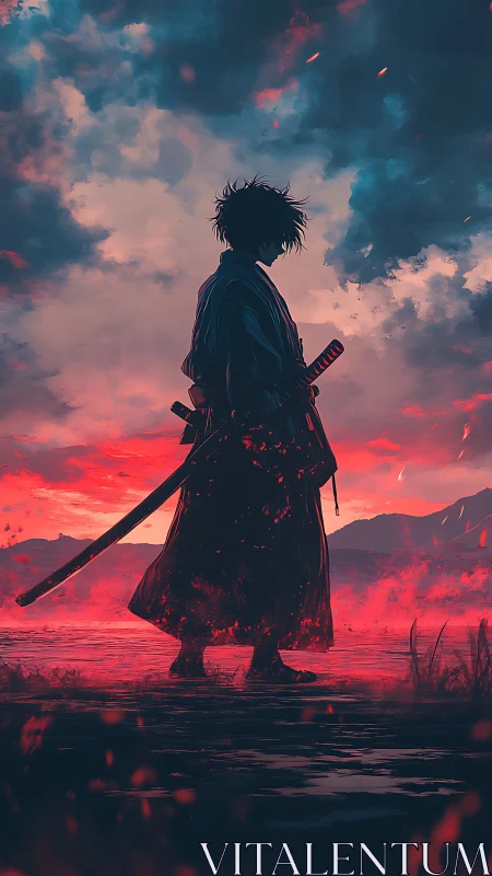 Cinematic samurai silhouette against neon dusk battlefield sky.