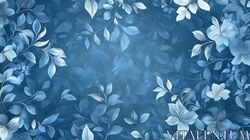 Monochrome blue floral foliage pattern on textured ground.