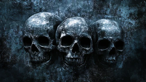 Three human skulls are rendered against textured dark background