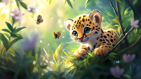 Spotted Leopard Cub in Sunlit Forest Clearing.