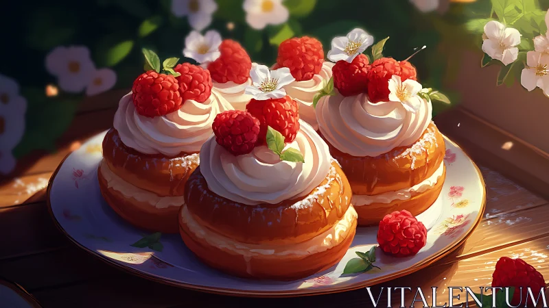 Sunlit raspberry cream pastries arranged on floral china