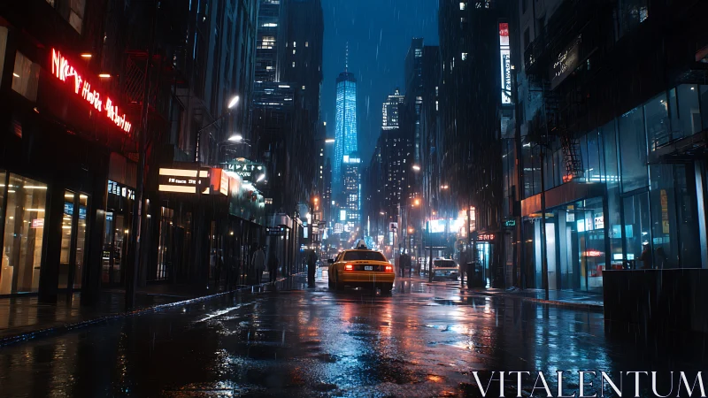 Rain-soaked urban avenue with reflective neon lighting and lone taxi