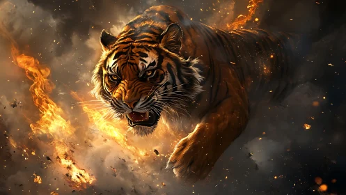 Digital painting of tiger lunging through fire and smoke field.
