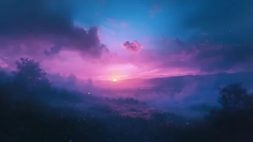 Chromatic fog valley at sunrise with atmospheric scattering.