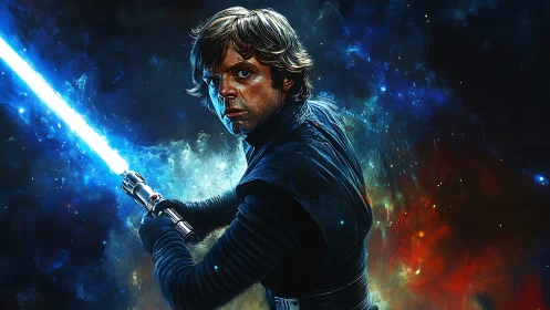Jedi warrior holds glowing blue lightsaber in deep space