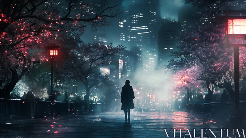 Solitary figure crosses neon-lit cherry blossom avenue.