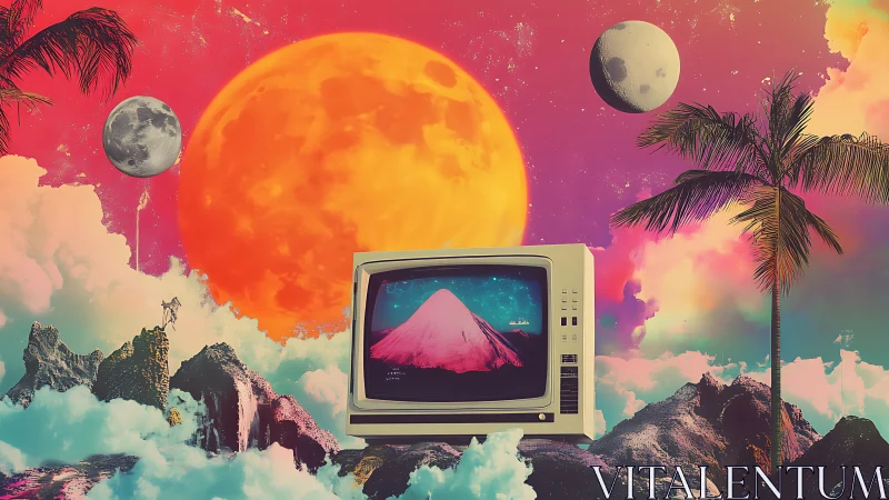 Retro monitor in surreal tropical cosmic landscape scene.