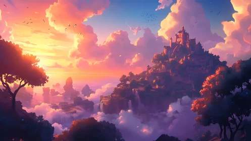 Sunset castle above the clouds in a dreamy coastal kingdom.