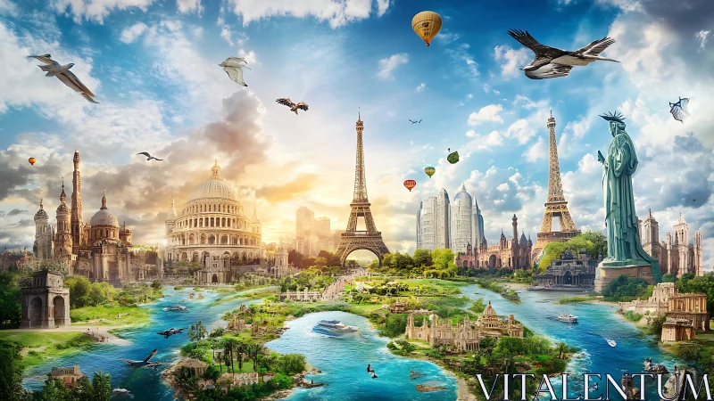 Global landmarks rise in a dreamlike river worldscape