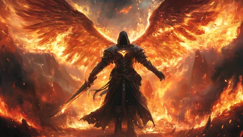 Flaming seraph strides from the inferno with warlit wings